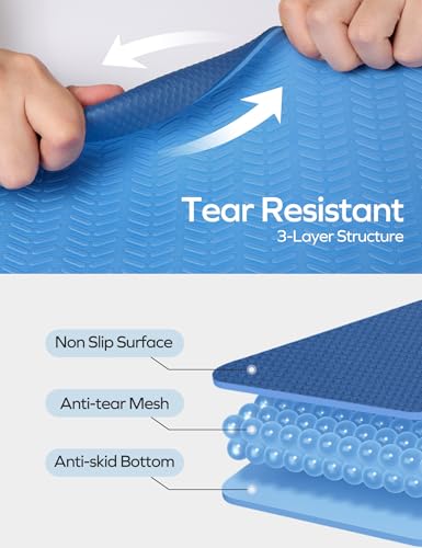 Ewedoos Eco Friendly Yoga Mat Thick TPE Yoga Mat Non Slip Yoga Mats Anti-tear Exercise Workout Mat for Women Men Kids Yoga, Pilates and Fitness - color: Blue Yoga Mat