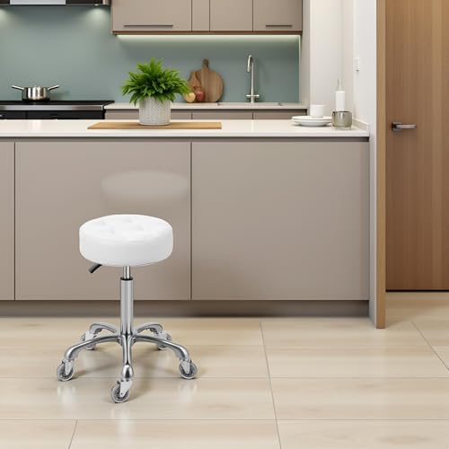 Kaleurrier Rolling Stools with Adjustable Height: Swivel Stool with Wheels - color: White