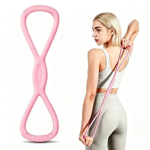Silicone Figure 8 Resistance Band for Shoulder Back Stretch | 8-Shaped Resistance Band, Thickened Seamless Silicone, Portable Pilates Home Office Travel Use, For Men & Women, Pink