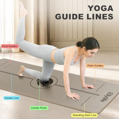 Yoga Mat - Non Slip Natural Rubber Yoga Mat, Alignment Lines, Ultimate Grip | Anti-Tear, Durable & Thick 5mm, Skin-Friendly with Free Carry Strap, Bag, for Yoga, Pilates Fitness and Floor Exercises - color: Beige