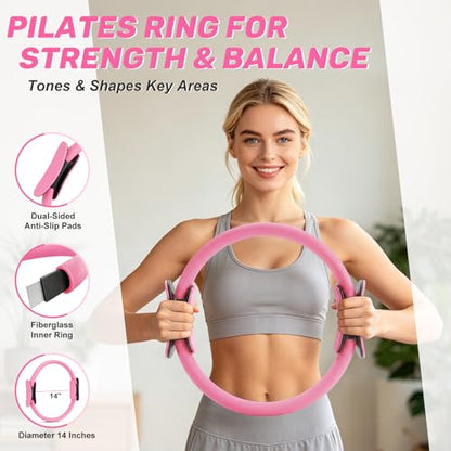 Pilates Kit for Women – Pilates Equipment for Home Workouts with 14" Pilates Ring & Mini Ball, Resistance Bands, Ankle Weights & Sliders for Full Body Toning, Strength & Flexibility