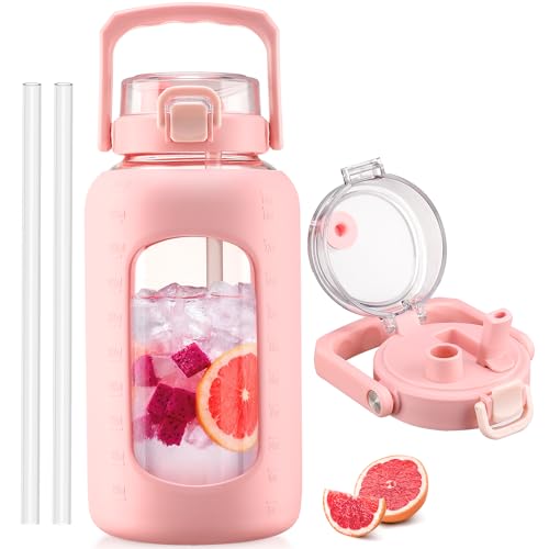BLUEGO 84oz Glass Water Bottle with Straw and Handle, Large Water Bottle with Sip & Chug Lid, 2.5L Water Jug Silicone Sleeve with Time, Full Day Drinking Bottle for Sports BPA Free, Pink - color: Pink, size: 84 Ounces