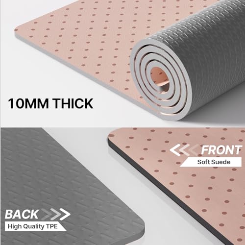 ILILI Suede TPE Yoga Mat, 10mm Thick, 76" x 28" Extra Long with Strap - color: Pinky Beige