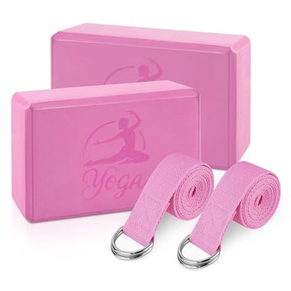 RETON Yoga Blocks Set, High - Density Yoga Block with 2 Strap, Lightweight Foam Brick Yoga Pilates Blocks, Anti-Slip Yoga Brick with Embossed Design for Posture Adjustment and Movement Assistance - color: Pink