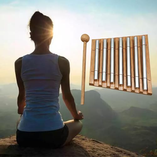 7 Tone Hand Chime with Wooden Mallet - Wood Meditation Chime Bell for Yoga, Sound Healing, Mindfulness & Classroom Management Hand Percussion Instrument for Teachers, Relaxation