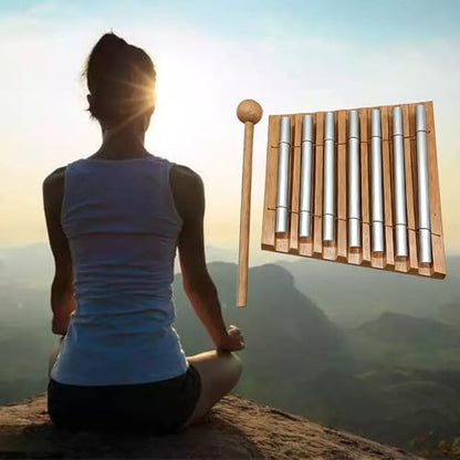 7 Tone Hand Chime with Wooden Mallet - Wood Meditation Chime Bell for Yoga, Sound Healing, Mindfulness & Classroom Management Hand Percussion Instrument for Teachers, Relaxation