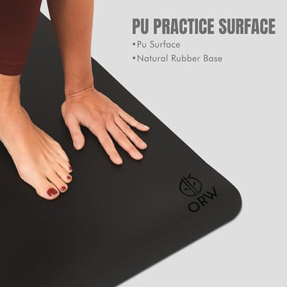 ORW Non Slip Hot Yoga Mat with Carrying Strap - Grip Surface & Natural Rubber Base, REACH Tested, Home & Studio Practice - color: Black PU Rubber Mat 72x24