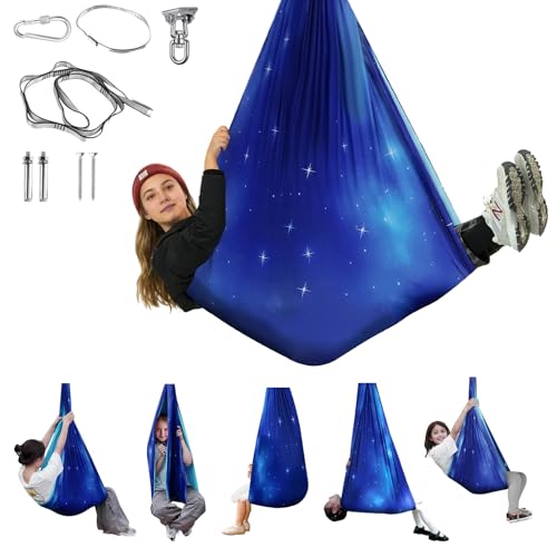 Aokitec Sensory Swing Kids & Adults, Double-Layer Indoor Outdoor Hammock | Therapy swing, Special Needs, Autism, Adjustable, Double-layer Polyester Holds 300LB, Swivel Hanger, All Hardware Included - color: Star Blue