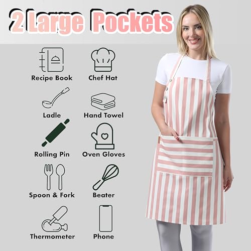 TOSHEX Kitchen Apron Cotton Waterdrop Resistant Adjustable Button Women Men | Premium Cotton Cooking Apron with Pocket. Striped, Gift, Powder Pink - color: Powder Pink