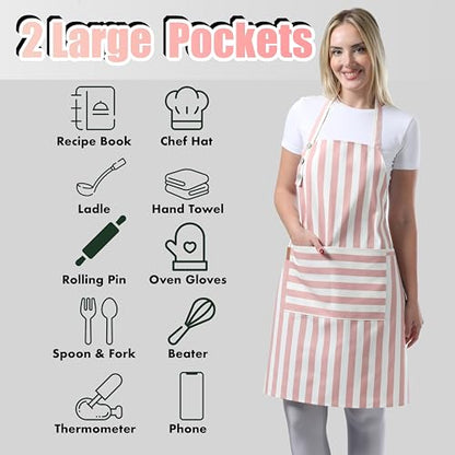 TOSHEX Kitchen Apron Cotton Waterdrop Resistant Adjustable Button Women Men | Premium Cotton Cooking Apron with Pocket. Striped, Gift, Powder Pink - color: Powder Pink