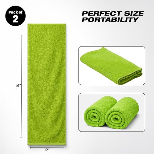 EOC Sports Towel 2 Pack, 100% Cotton, 12x51 in, Lime Green | Oeko-Tex certified, ultra absorbent, quick drying, for gym, fitness and yoga - color: Neon Green