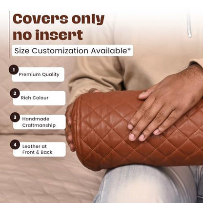 Neck Roll Pillow Cushion Cover, 16x6 Inch Full Moon Round Bolster Pillow Case, Cylinder Soft Lambskin Leather Pillowcase for Head, Spine & Neck Support During Sleep - Quilted Brown Pack of 2 - color: Quilted Brown Pack of 2