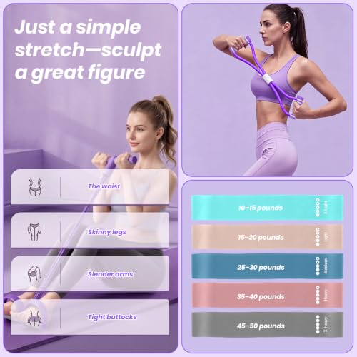 Resistance Bands Set for Women, 7-Piece Resistance Bands with Handles, Figure-8 Band & 5 Yoga Loop Bands, Medium Resistance for Home Gym, Pilates, Yoga, Stretching & Strength Training - color: Purple