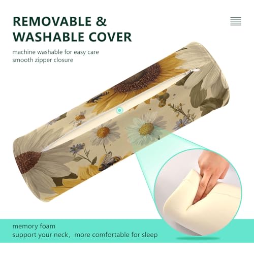 Bolster Pillow Neck Pillow Round Soft Health Memory Foam Pillows Long Cylindrical Body Pillow with Removable Cover Cute Back Yoga Beige Sunflowers and Daisy Bees01 17" x 5.5" - color: Beige Sunflowers and Daisy Bees01