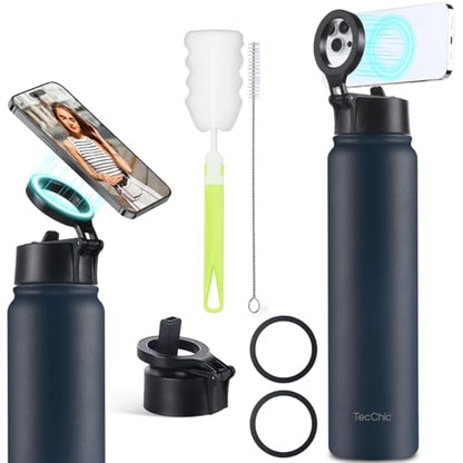 Insulated Water Bottle with Magnetic Phone Holder Compatible with MagSafe and iPhone,Double-Sided Magnet,Hot 12H Cold 24H,Stainless Steel Water Bottle Phone Mount for Sports Travel,24oz (Navy Blue) - color: Navy Blue