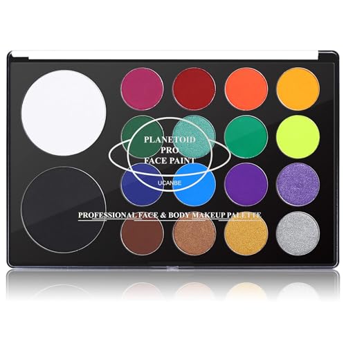 UCANBE Face & Body Paint, Water Activated SFX Makeup Palette - Extra Large White & Black Pan, Professional 18 Color Safe Non Toxic Art Painting Kit for Halloween, Cosplay, Parties, Theater & Stage - color: Planetoid Palette