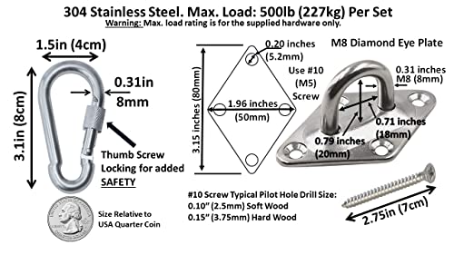 Heavy Duty Hammock Kits & Ceiling Hook Diamond Pad Eye Plates, 304 Stainless Steel & Black Zinc Galvanized Steel Corrosion Resistant, 2, 4 & 8 Packs - color: Silver Diamond Plate Hammock Kit