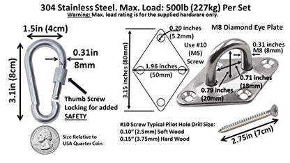 Heavy Duty Hammock Kits & Ceiling Hook Diamond Pad Eye Plates, 304 Stainless Steel & Black Zinc Galvanized Steel Corrosion Resistant, 2, 4 & 8 Packs - color: Silver Diamond Plate Hammock Kit