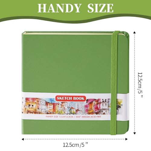 5x5 Pocket Sketch Book,80gsm Hardcover Art Sketchbook for Drawing Journal | PU Cover,Blank Paper,96Sheets/192Pages,Lay-Flat,Portable Travel Creation Paint Diary Memo Planner,Dry Media.Green - color: PU Cover-5x5in-Green