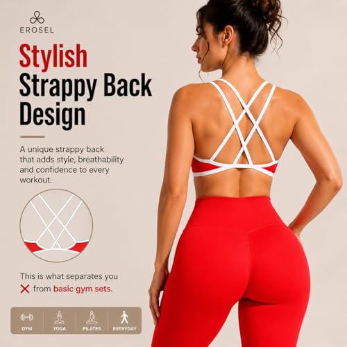 2PC Workout Sets For Women High Waisted Gym Leggings and Cross Back Strappy Sports Bra for Women With High Support - color: Red, size: Small