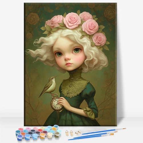 Aeontinity Bunny Queen of TIME Gothic Framed Canvas DIY Paint by Numbers Kit Bar Cafe Cave Home Room Wall Bathroom Porch Patio Decor Gift, 16 x 12 Inch - color: BUNNY QUEEN OF TIME