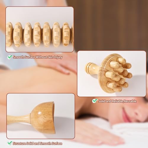 Wood Therapy Tools for Body Shaping,8 in 1 Wood Therapy Massage Tools,Wooden Gua Sha Tools,Lymphatic Drainage Massager,Maderoterapia kit,Wooden Massager Roller Rope for Body Shaping, Beige