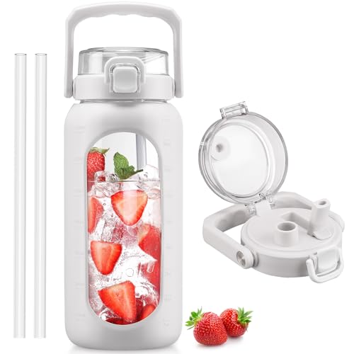 BLUEGO 64oz Glass Water Bottle with Handle and Straw, Motivational Sports Water Bottle with Time Marker and Silicone Sleeve Leakproof Drinking Bottle for Travel Gym Workout, White - color: White, size: 64 Ounces
