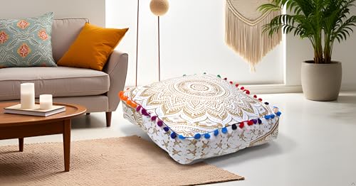 CRAFT KALA 40.6cm(16인치) 정사각형 대형 히피 만다라 명상 바닥 오토만 베개 쿠션 푸프 커버 스퀘어 푸프 보헤미안 원형 바닥 쿠션 케이스 야외 벽난로 거실 장식 커버 골든 옴브레 - color: 골든, size: 16"D x 16"W x 5"H
