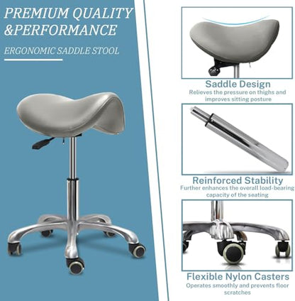 Ergonomic Saddle Chair,Heavy-Duty Rolling Stool with Wheels | 500lbs|Adjustable Height |360° swivel Silent PU casters|For Massage,Salon, barber ,tattoo,Spa ,Drafting,Clinic, Lab, Office - color: Grey