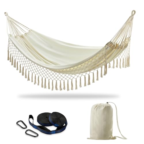 Brazilian Double Hammock with Tree Straps, Extra Large, 450 lbs Capacity - color: Natural White With Tassels, size: X-Large