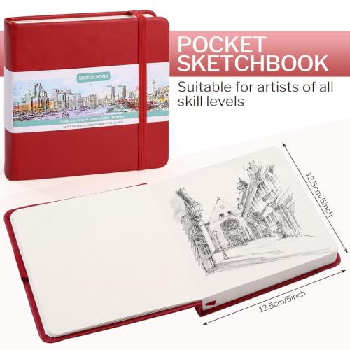 Hardcover Pocket Sketchbook, 5" × 5", 80 Sheets Small Sketch Book, Red | 160gsm Acid-Free Paper, Elastic Closure, Ribbon Bookmark, Compact Travel Size for Sketching & Journaling - color: Red
