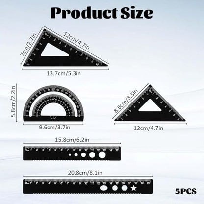 5Pcs Metal Geometry Set, Math Drafting Ruler Kit Aluminum Triangle Rulers Metal Ruler Drafting Tools, Metal Triangular Scale Ruler Set, Protractor, 6/8 Inches Drawing Ruler for Architect Engineer