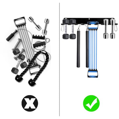 Tebery 9 Hook Home Gym Storage Rack Wall Mount, Fitness Equipment Organizer, Metal Gym Accessory Hanger for Exercise Bands, Jump Ropes, Barbells, Lifting Belts - size: 16.9''L x 4.5''W x 2''H