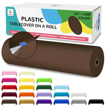 54IN X 160FT Plastic Table Cover Roll with Cutter Box, Cut to Size Plastic Table Cloths for Parties, Birthday, (Brown, 54"x1920") - color: Brown, size: 1920" x 54" (Rectangular)