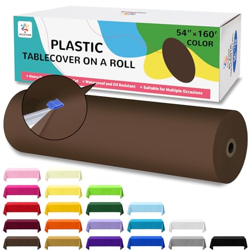 54IN X 160FT Plastic Table Cover Roll with Cutter Box, Cut to Size Plastic Table Cloths for Parties, Birthday, (Brown, 54"x1920") - color: Brown, size: 1920" x 54" (Rectangular)