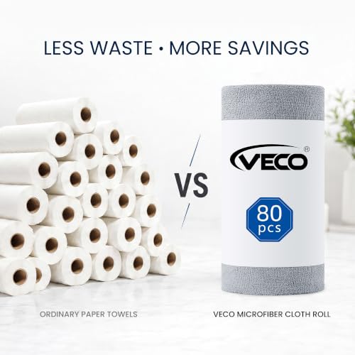 Veco Microfiber Cleaning Cloth Roll 80 PCS Gray, 12" x 12" | Lint-Free, Streak-Free, Tear Away Reusable Microfiber Towels, Cleaning Rags for Kitchen, Car & Home - color: Gray