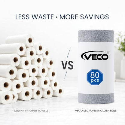 Veco Microfiber Cleaning Cloth Roll 80 PCS Gray, 12" x 12" | Lint-Free, Streak-Free, Tear Away Reusable Microfiber Towels, Cleaning Rags for Kitchen, Car & Home - color: Gray