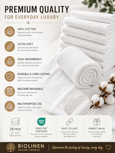 BIOLINEN Salon Towels 24 Pack White 15x25, 100% Cotton Hand Towels for Bathroom, Bleach Resistant Barber Esthetician Spa Gym Towels, Super Absorbent - color: White