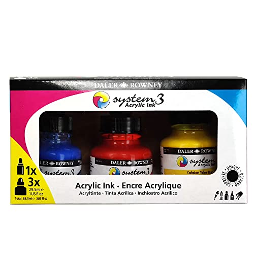 Daler-Rowney System3 Acrylic Ink Set of 3 Starter Colors- Versatile Acrylic Ink for Artists and Students - Opaque Calligraphy Ink for Drawing Illustrating Airbrushing Dip Pen Ink and More