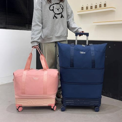 Expandable Rolling Travel Bag with Removable Wheels & Handle, Large Capacity Wheeled Duffle Tote, Foldable Carry On Luggage for Women, Lightweight Weekender Overnight Bag (Pink) - color: Pink
