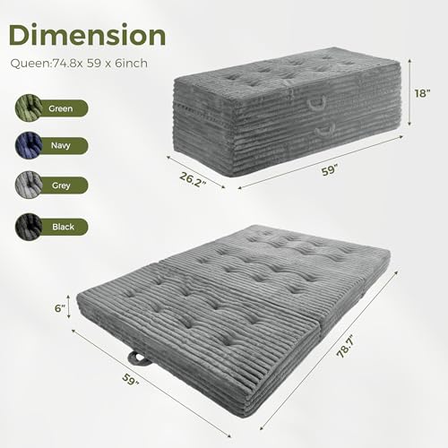 MAXYOYO Folding Sofa Couch Bed, 6 Inch Tri-Fold Floor Sofa Bed, Folding Mattress with Handles, Soft Faux Fur Folding Bed with Supportive Foam Filling, Portable Couch for Living Room, Queen, Grey - color: Grey, size: Queen