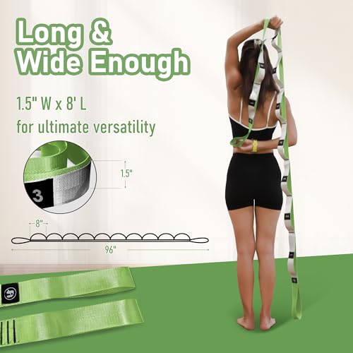 Stretch Bands for Exercise, Non Elastic Yoga Stretching Strap with Loops, 3.8cm x 2.45m, Stretching Bands for Physical Therapy, Yoga, Pilates, Dance, Gymnastics Exercise - color: Green