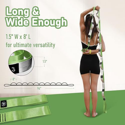 Stretch Bands for Exercise, Non Elastic Yoga Stretching Strap with Loops, 3.8cm x 2.45m, Stretching Bands for Physical Therapy, Yoga, Pilates, Dance, Gymnastics Exercise - color: Green