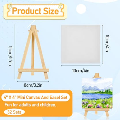 32 Pcs Mini Canvas with Easel Sets, 4 x 4 Inch Mini Square Canvases for Painting Small Blank Art Canvas with Wooden Easels for Acrylic Painting, Oil Paint for Adults, Kids, Crafts