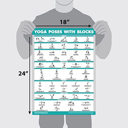 4 Pack - Yoga Block Poses + Pilates Exercise + Yoga Poses Positions + Stretching Posters - Set of Four Fitness Charts