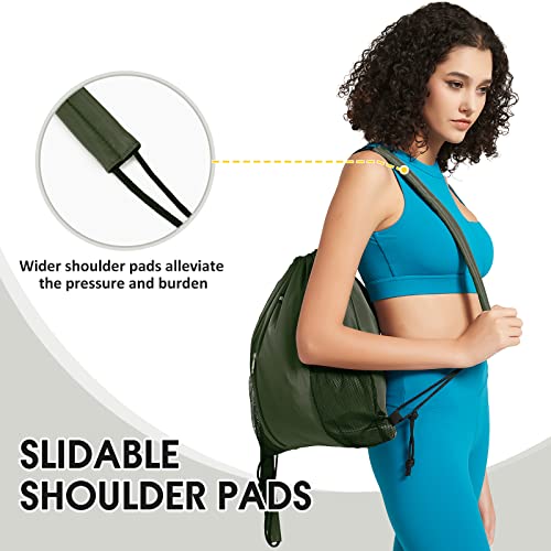 WANDF Drawstring Backpack, Gym String Bag with Shoulder Pad - color: M, Dark Green, size: Medium