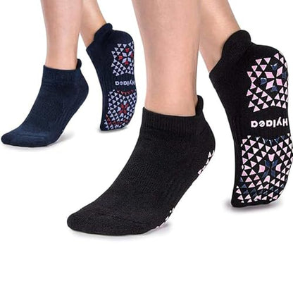 Hylaea Unisex Non Slip Socks with Grip for Yoga, Hospital, Pilates, Barre | Ankle, Cushioned - color: 2 Pairs Black Navy, size: Large-X-Large