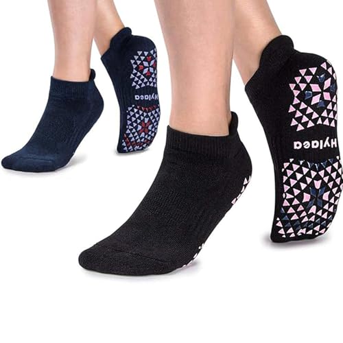 Hylaea Unisex Non Slip Socks with Grip for Yoga, Hospital, Pilates, Barre | Ankle, Cushioned | Breathable Cotton, Thick Cushioned Sole, Anti-Slip, Ankle Protection, Men Women, Ideal for Yoga, Barre, Hospital & Home Use - color: 2 Pairs Black Navy, size: S