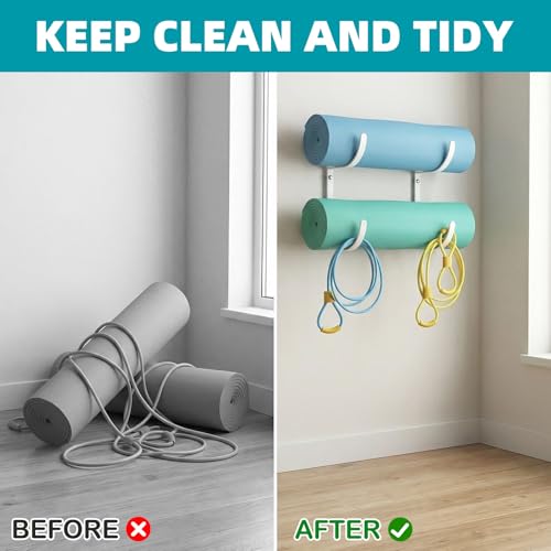 Yoga Mat Holder Wall Mount，No-Tie Mat Storage Rack With Rubber Coating | for Exercise Mat，Pilates Mat，Hanging Foam Roller and Home Gym Equipment Accessories - color: 2-Tiers （yoga mat holder）