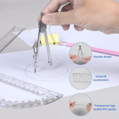 Coopay 3 Pcs Plastic 12 Inch Ruler, Clear Protractor and Compasses Set | Clear Ruler, Protractor and Compass set, Geometry, Durable, Drawing, Measuring, Math, Art, Classroom, School, Student - size: 3 Pcs set